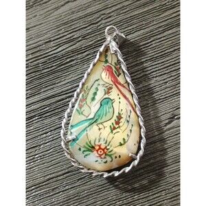 Persian Double Sided Hand Painted Mother Of Pearl Silver Horses Birds Pendant